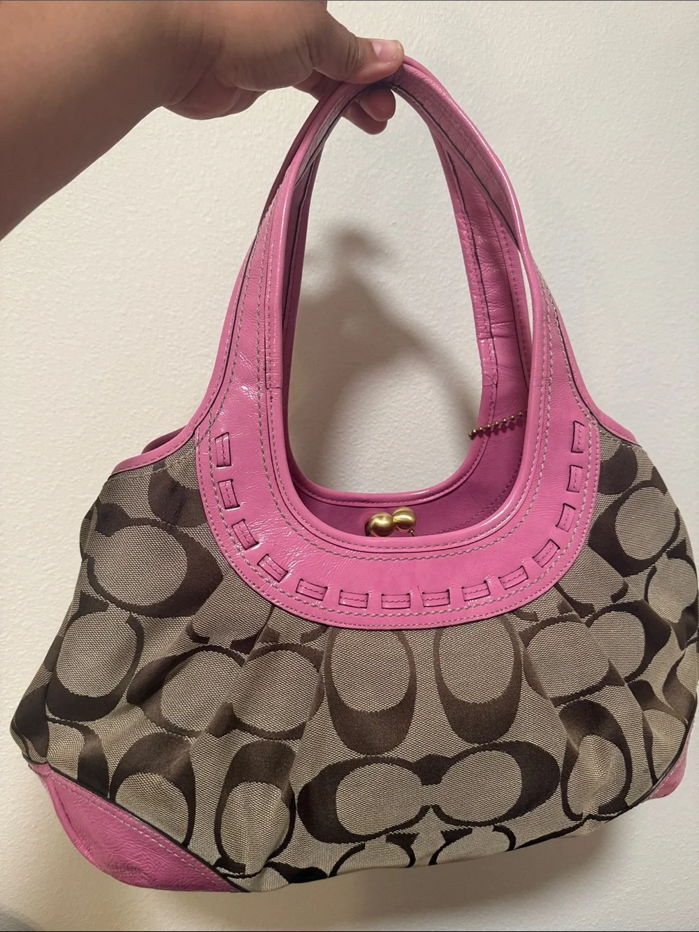 Coach Brown Signature Kiss Lock Hobo Bag with Pink Patent Leather Trim